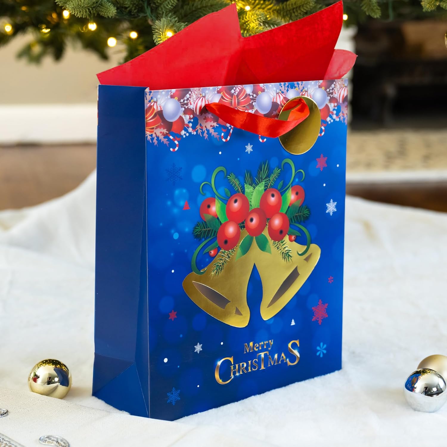 RACHELLE'S Christmas Sturdy Paper Gift Bags with Tissue Paper, Tag and Handle Bells Design - Ideal Party Favors and Gifting this Christmas Holiday Season - Pack of 10 (Medium, 13x10x4)