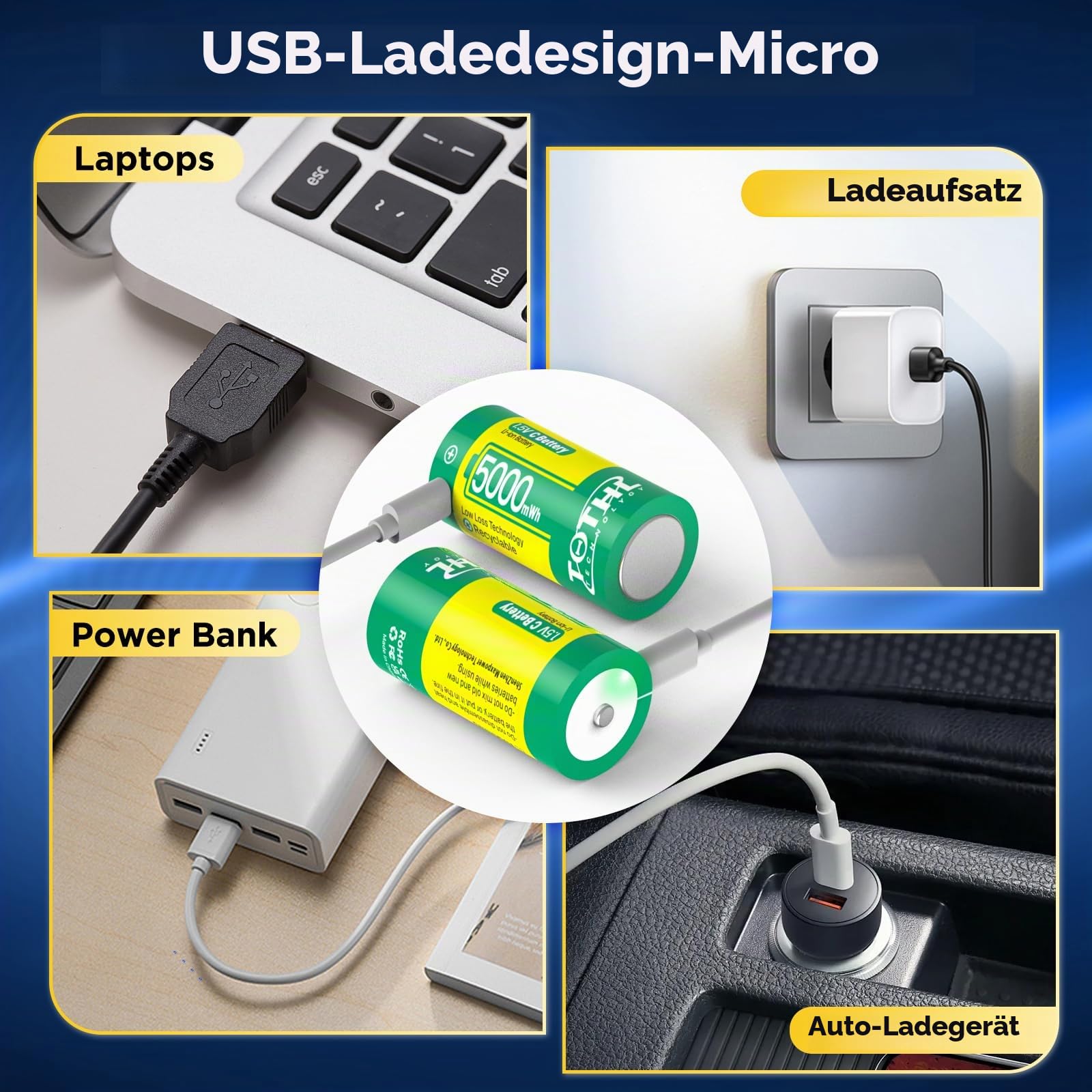 【8 Stück】 Aufladbare Baby C Akku USB 2 in 1 Lithium C Batterien Ladekabel, C Cell Li-ion Battries, LR14 1.5V C Size Cell Battery Replacement 5000mWh für Flutlicht Spielzeug