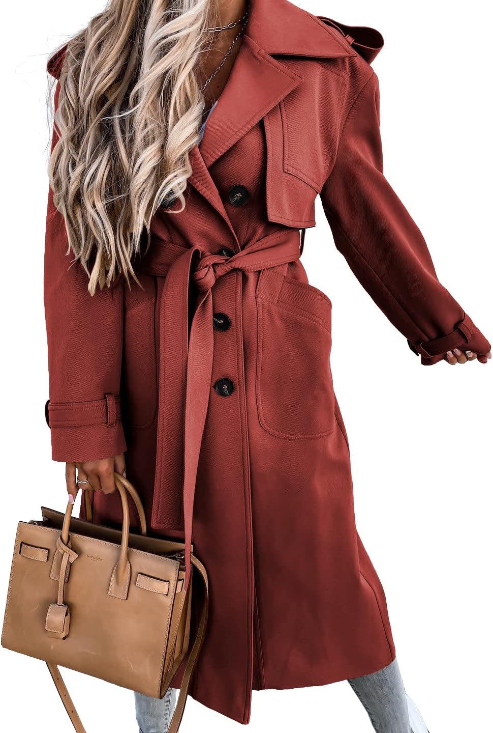 Fisoew Women's Double Breasted Long Trench Coat Windproof Classic Lapel Belted Overcoat with Pockets - Image 2