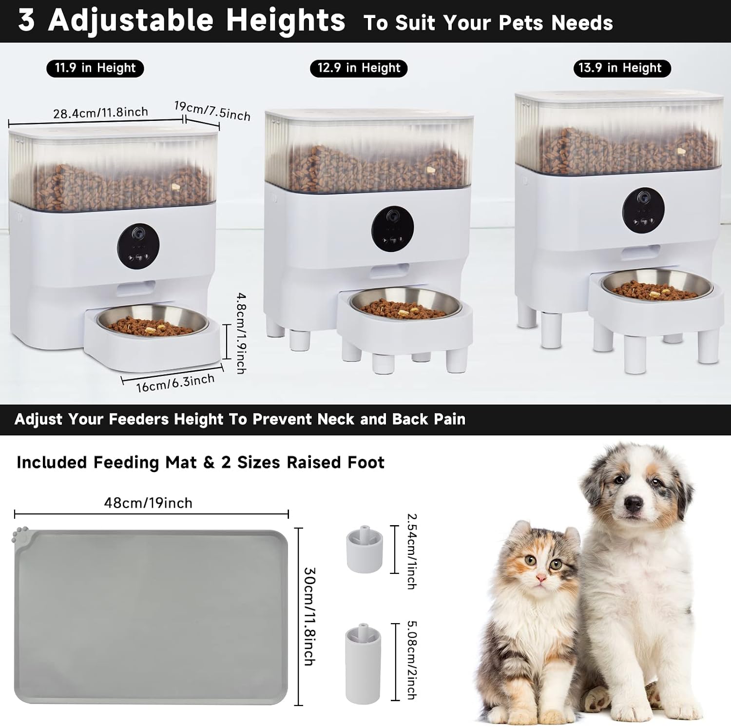 Diagram showing the three adjustable height options for the pet feeder using different sized foot pads.