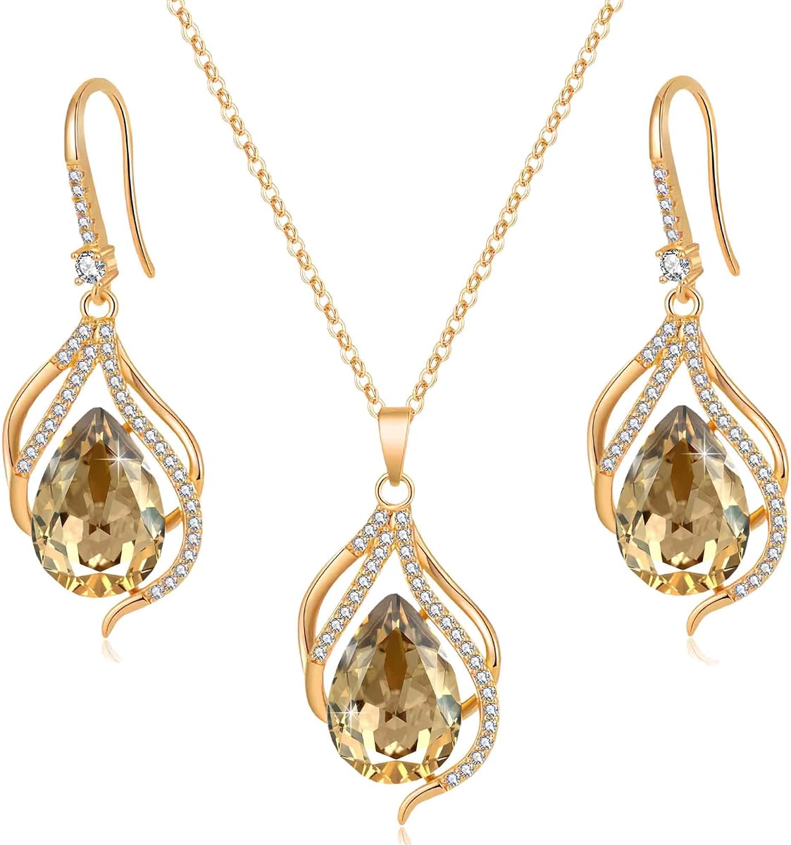Pendientes de collar con colgante trenzado hueco en forma de lágrima de cristales austriacos para mujer, chapados en oro de 14 quilates, pendientes colgantes con halo, juego de joyas hipoalergénicas
