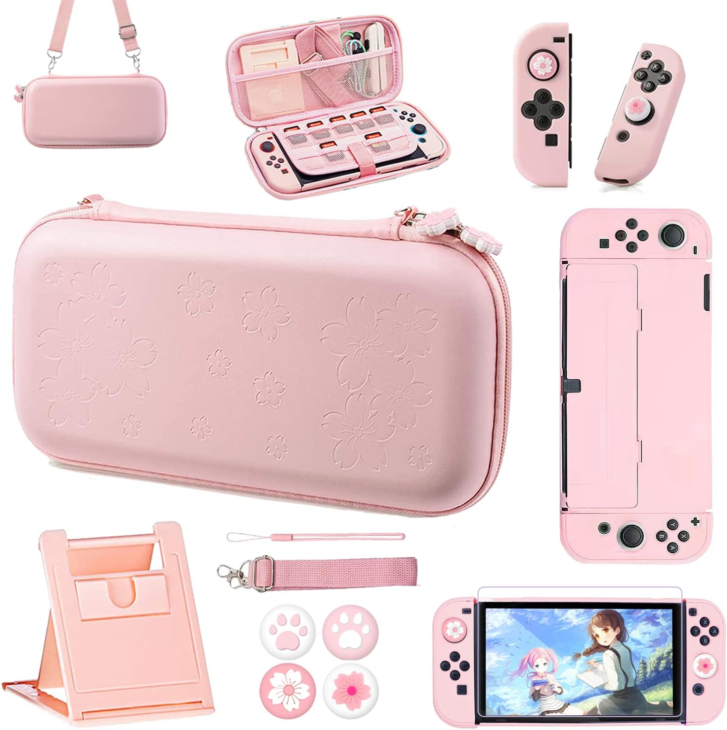 OLDZHU Pink Travel Carrying Case Accessories Kit Compatible with Nintendo Switch OLED 2021,10 in 1 Protection Kits with Hard Protective Cover,Glass Screen Protector,Adjustable Stand,Thumb Grip Caps