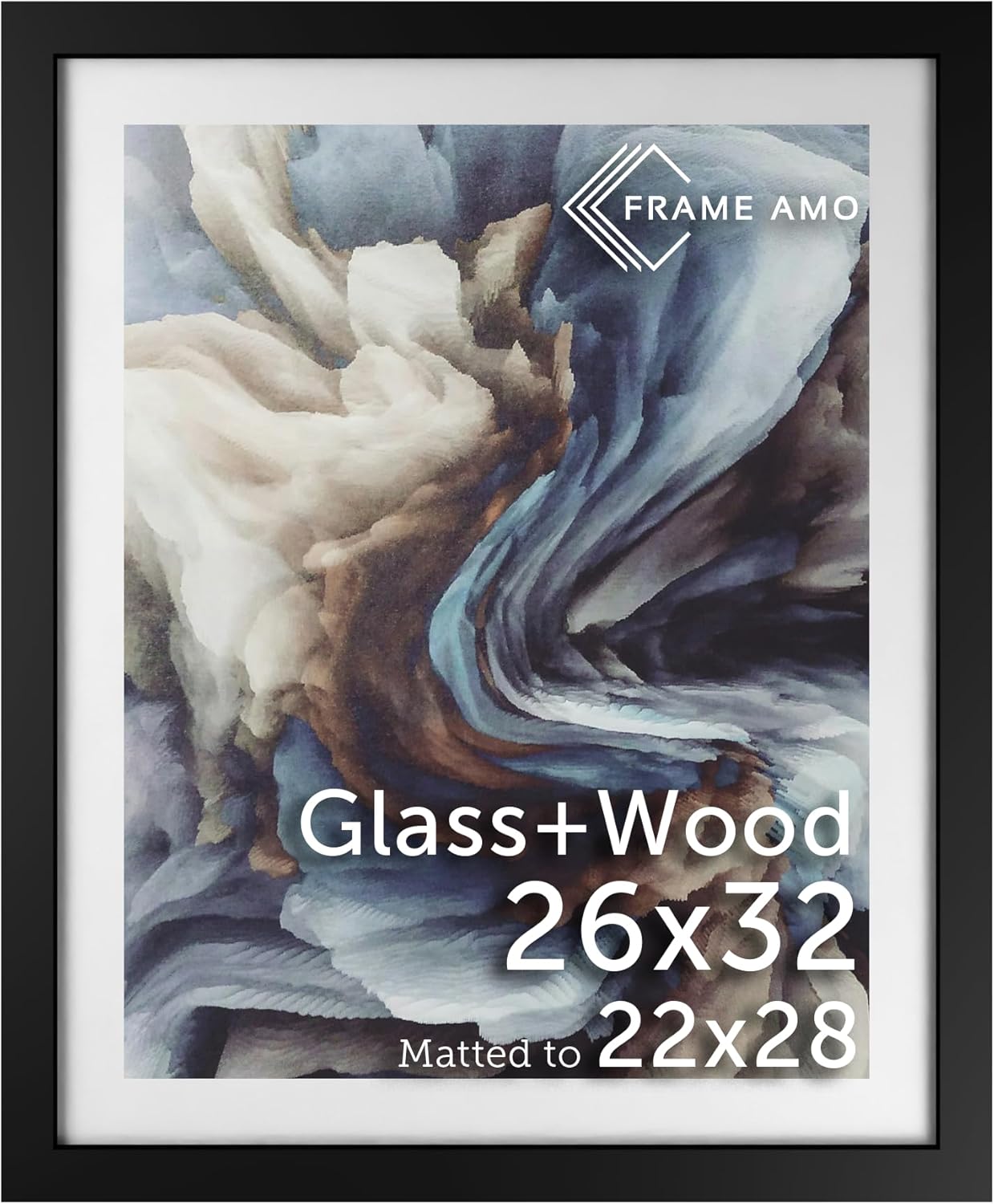Frame Amo 26x32 Black Solid Wood Poster Frame, White Mat for 22x28 Image, Tempered Glass Front, 1.5 inch Wide, 1 inch Thick, High-End, Heavy-Duty, Gallery Grade & Acid-Free