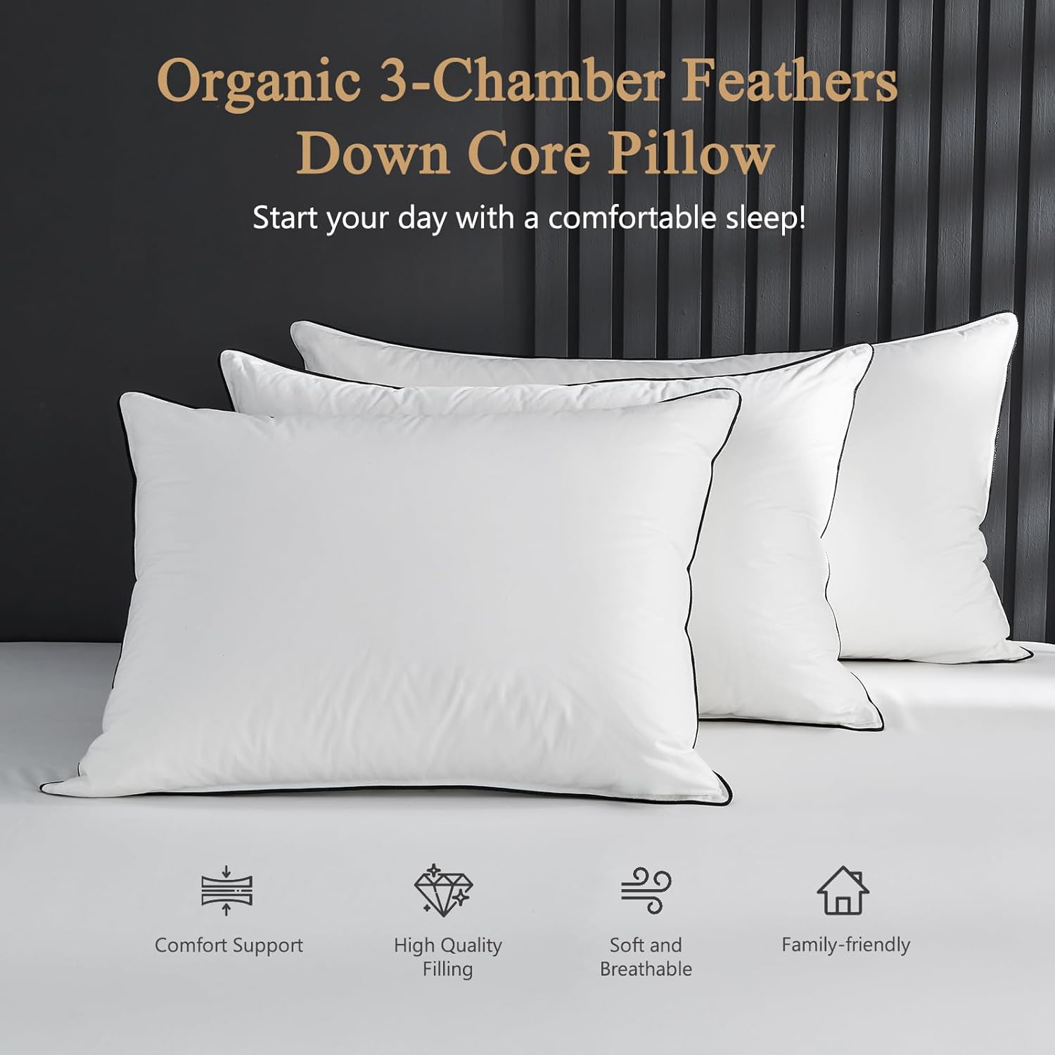 Size Queen Color White KUSNUG Organic 3-Chamber Feathers Down Firm Pillow Queen Size Set of 2-100% Cotton Cover, Goose Feather & Down Core Blended with Shredded Memory Foam, 20x30 Inch