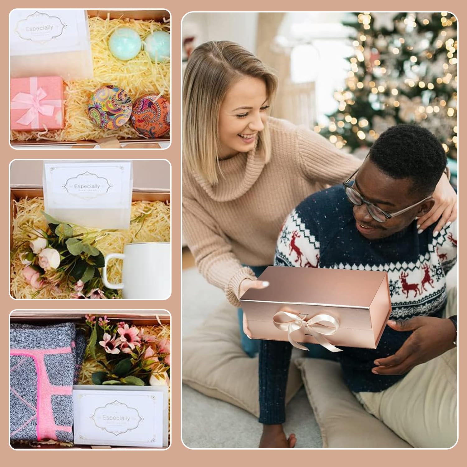 Confezione regalo con coperchio, scatola regalo pieghevole con magnetico, con 3 modalità di illuminazione a LED, 3 buste e biglietti di auguri, fiocco, sacchetto regalo, materiale di riempimento