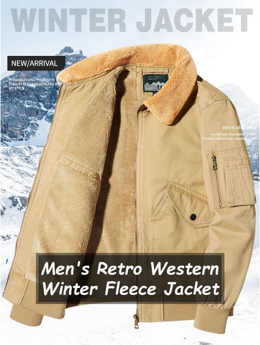 Men's Retro Western Winter Fleece Jacket,Winter Fleece Motorcycle Jacket Thickened Sherpa Cotton Coat Multi Pocket