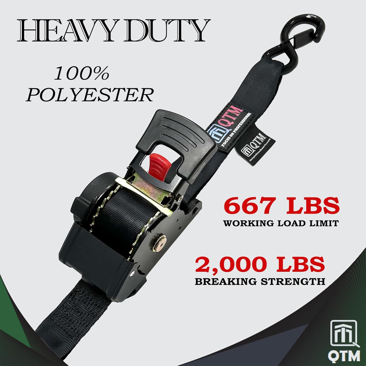 QTM 1.73" X 10' Retractable Ratchet Straps, 2-Pack, Heavy Duty, 4,400LBS Max Breaking Strength, Ratchet Straps Self Retractabel, Coated S Hook for Motorcycle, Truck, Trailer