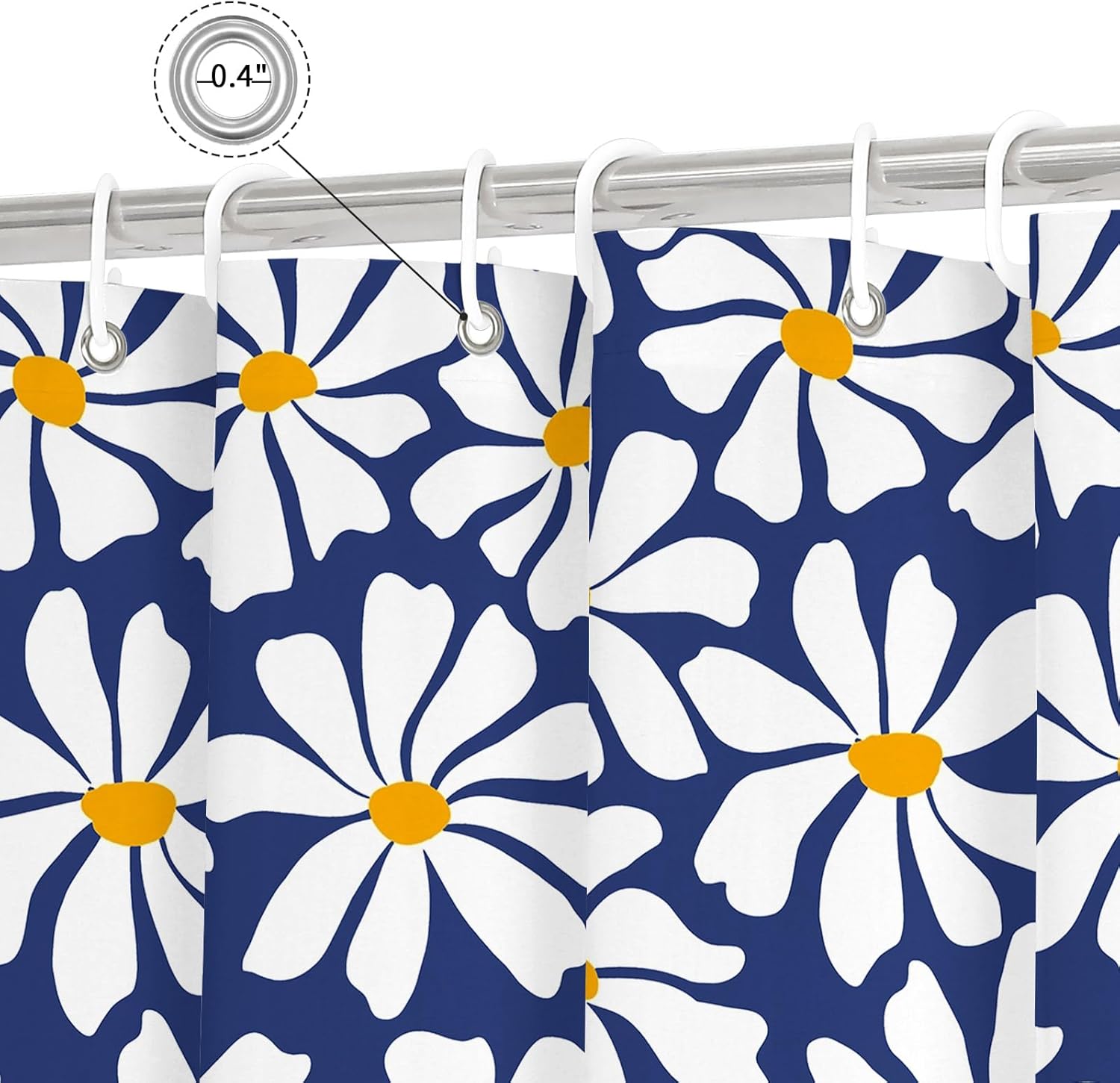 Litabel Navy Blue Daisy Floral Shower Curtain, Boho Spring Flower Shower Curtain for Girly Bathroom, Modern Minimalist White Waterproof Fabric Shower Curtain Set, 72x72 Inch