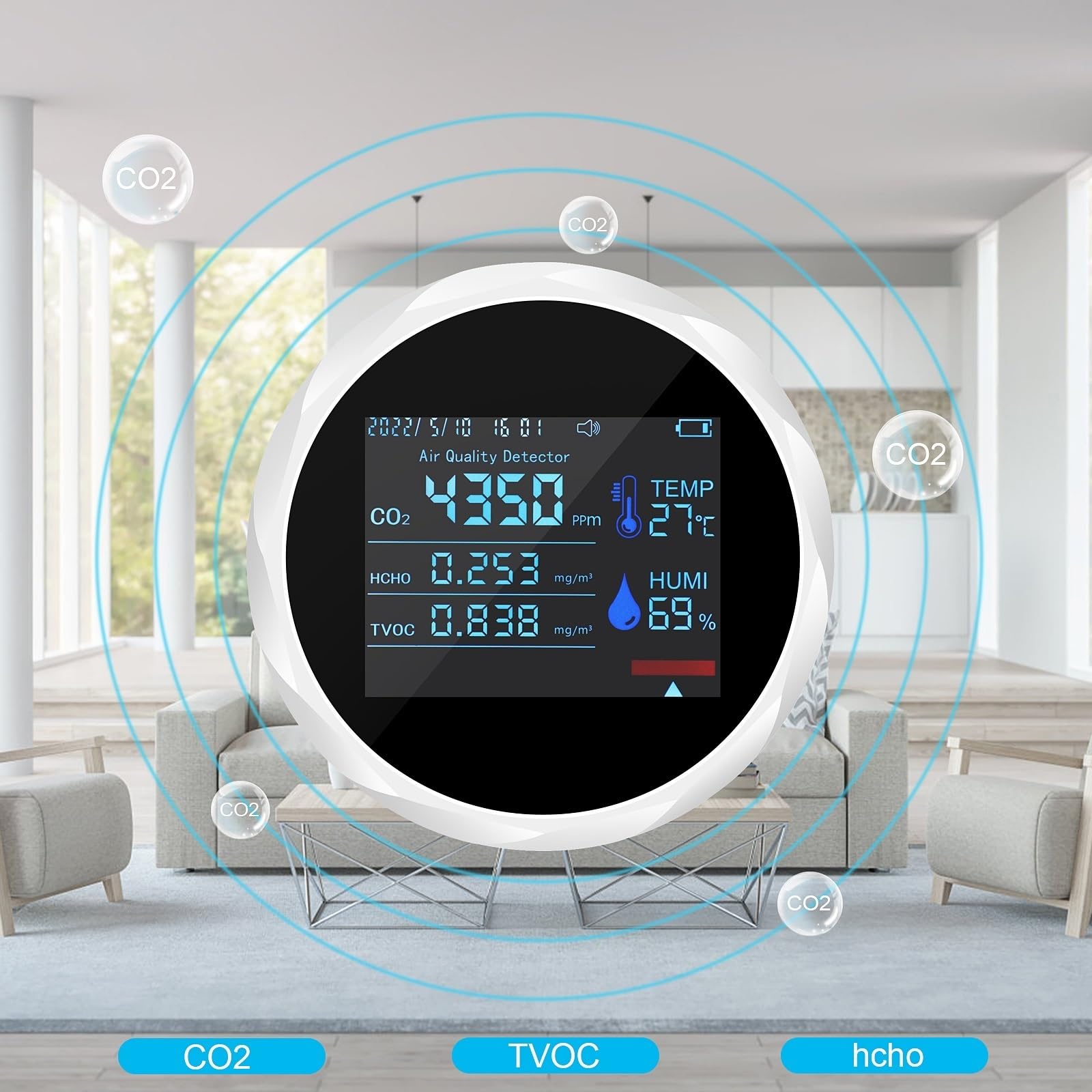 7 In 1 Misuratore di CO2 Digitale Temperatura Umidità Tester TVOC HCHO Rilevatore Monitor di qualità dell'aria Avviso Monitor di allarme(Noir)