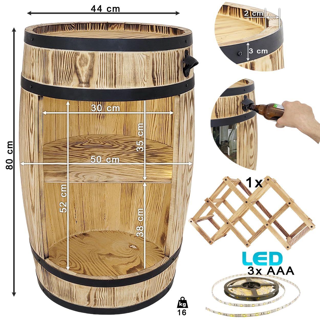 weeco Portabottiglie in legno con luci a LED e portabottiglie – Barile in legno per bicchieri e bottiglie – Montabile – Armadietto per vino – Set regalo – Wine Rack in legno 80 x 50 cm