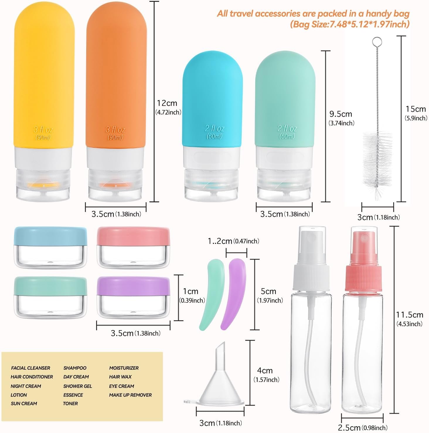 Kit de Frascos de Viagem, 17 Itens, Silicone e Plástico, com Necessaire Transparente, 60ml e 90ml (Multicor)
