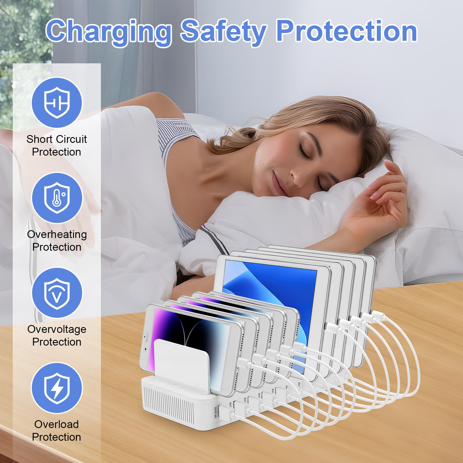 Station de Chargement USB, Station de Recharge 10 Ports 15W avec 10 Câbles, Support Chargeur Telephone,Station de Charge Telephone Portable (Blanc)