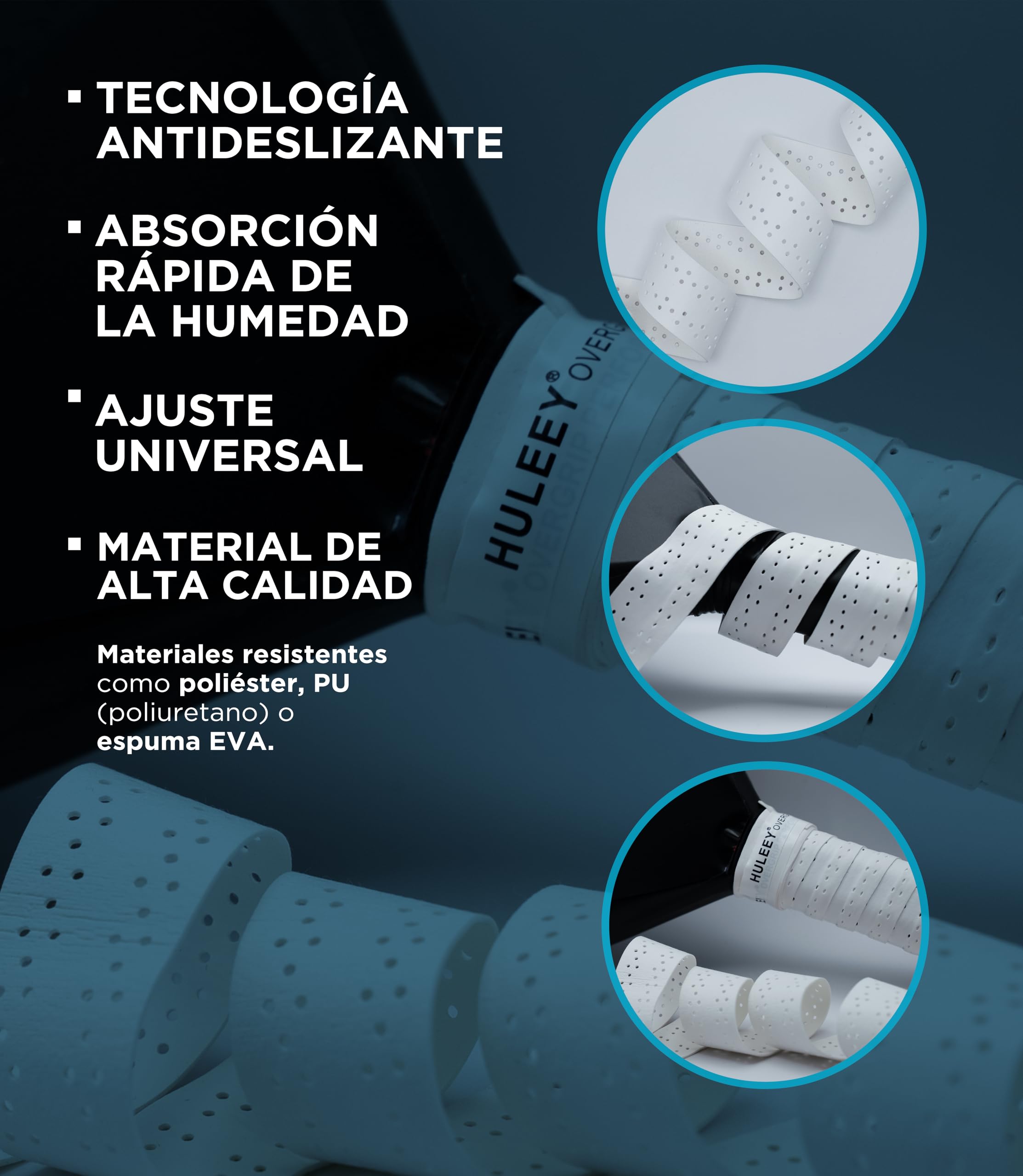 HULEEY Overgrips Pádel Blanco Perforado – Packs 6/12/20/60 – Antideslizante Extra-Adherente – Alta Absorción – Incluye Protector de Pala — view 4