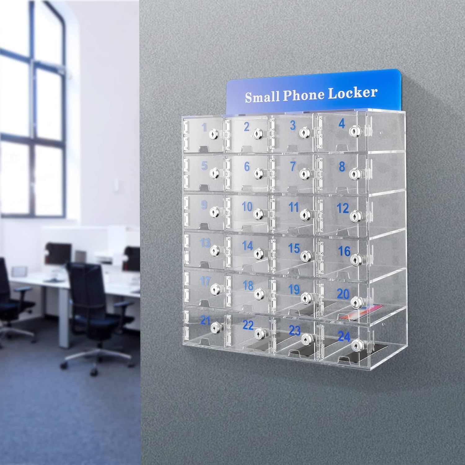 24 Slots Cell Phone Locker Box W/Door Locks and Keys Acrylic Cell Phone Storage Locker Wall-Mounted Clear Cell Phones Storage Cabinet for Employees, Office, School, Classroom, Conference Rooms