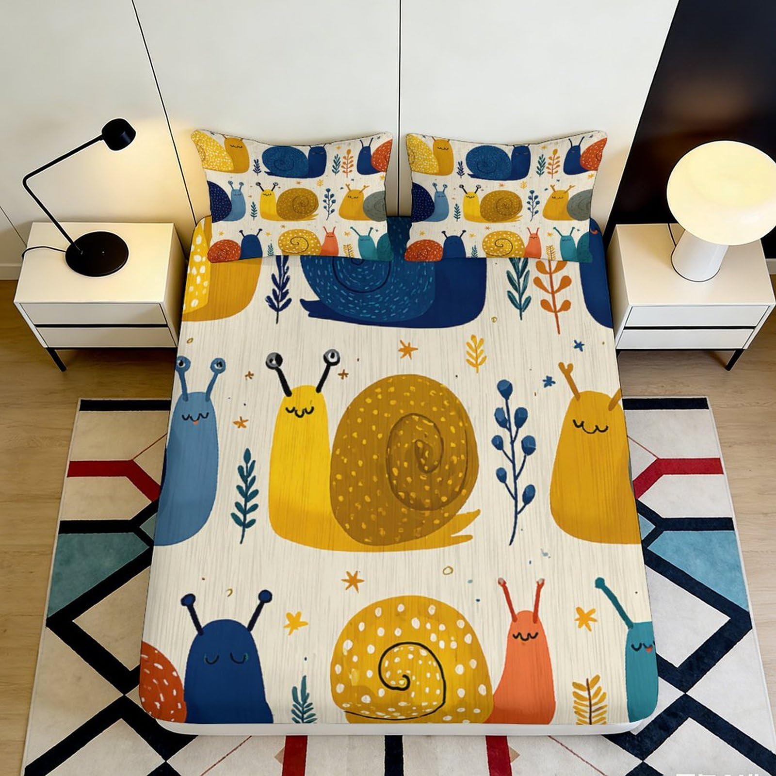 3D Printed Colorful Snail Fitted Sheet Microfiber Soft Anti-Slip Cartoon Animal Bed Cover for Bedroom Guest Room 90x200x25cm