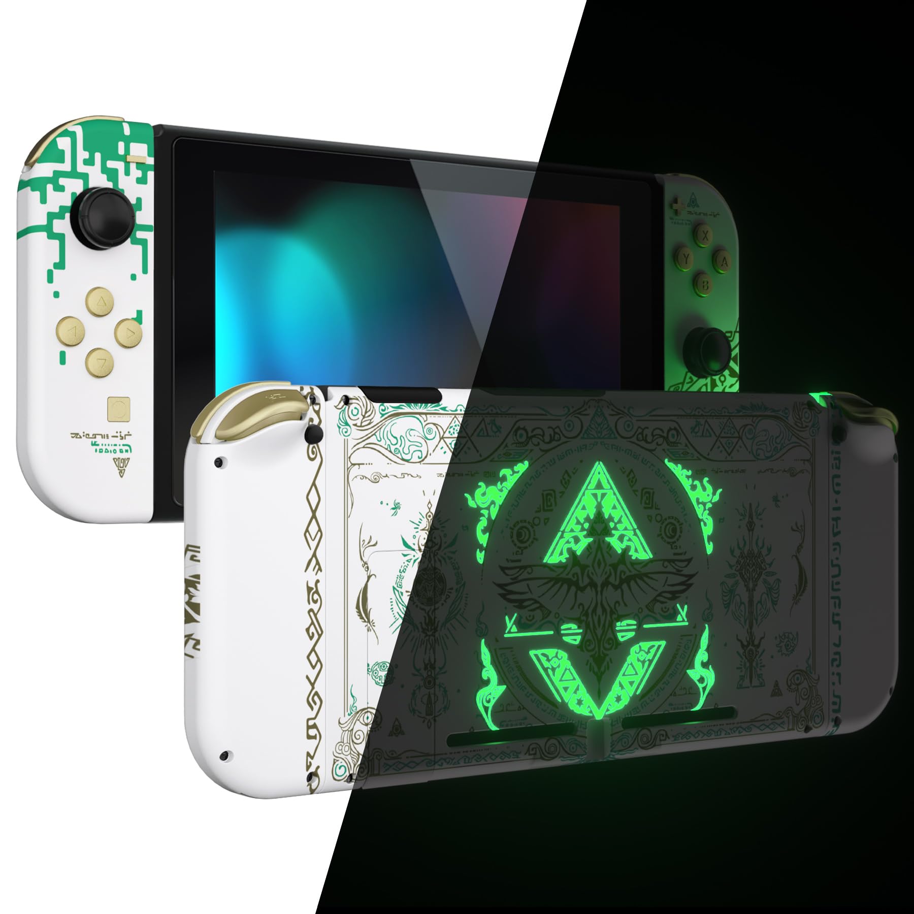 eXtremeRate DIY Replacement Shell Buttons for Nintendo Switch, Back Plate for Switch Console, Housing with Full Set Buttons for Joycon Handheld Controller - Glow in Dark - Totem of Kingdom White