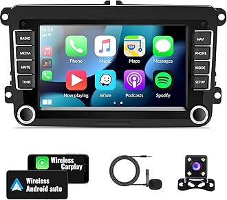 Android Car Stereo for VW Volkswagen Seat Golf Passat Jetta Beetle Tiguan Touran EOS 7” Double Din Touchscreen Bluetooth Radio with Apple CarPlay Android Auto GPS Navigation WiFi FM Backup Camera MIC