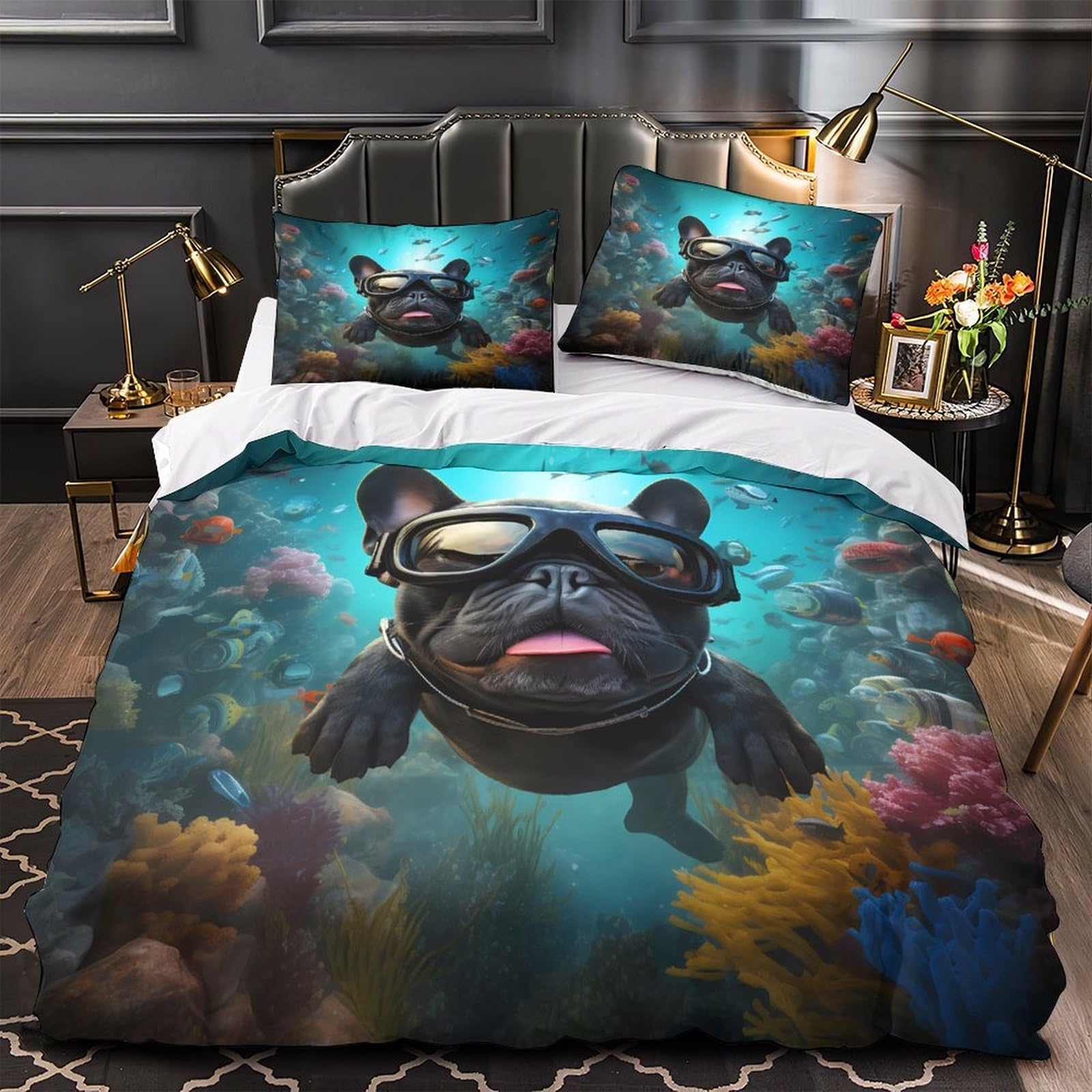 Housse de couette chien plongeur parure de lit 3D microfibre confortable 135x200cm
