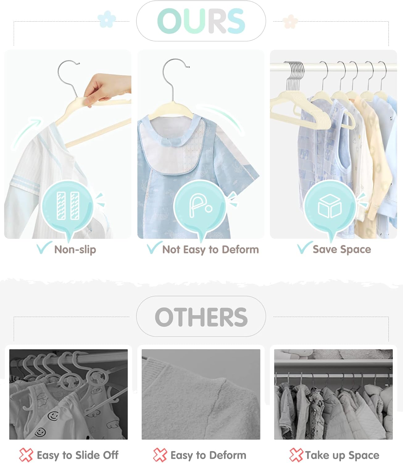 VIS'V Baby Hangers, 11 Inch Velvet Kids Hangers with 6 Pcs Clothes Size Dividers, Infant Toddler Nursery Closet Organization, Non Slip, Beige, 30 Pcs - Image 8