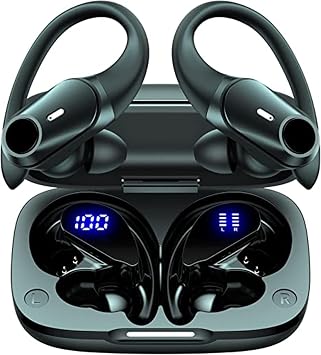 T59 Bluetooth Headphones Wireless Earbuds 72hrs Playtime Wireless Charging Case Digital Display Sports Ear Buds with Earhook Premium Deep Bass IPX7 Waterproof in-Ear Earphones Black