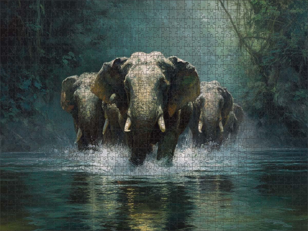Elephant Oil Painting Art Wooden Jigsaw Puzzle 500 Pieces for Adults Herd Walking in River Water Jungle Forest Nature Wildlife Family Game Night Gift Idea Men Women