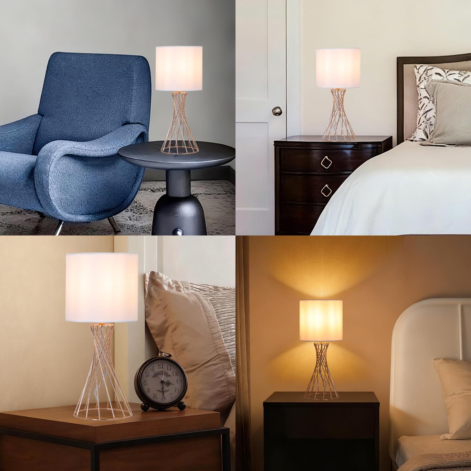 Gold Table Lamps Set of 2, 2 Pack Gold Lamps for Bedside with White Fabric Shade, Gold Nightstand Lamps for Living Room,Bedroom,Kids Room,Office Working, Modern Brass Metal Base Hollow Desk Lamps