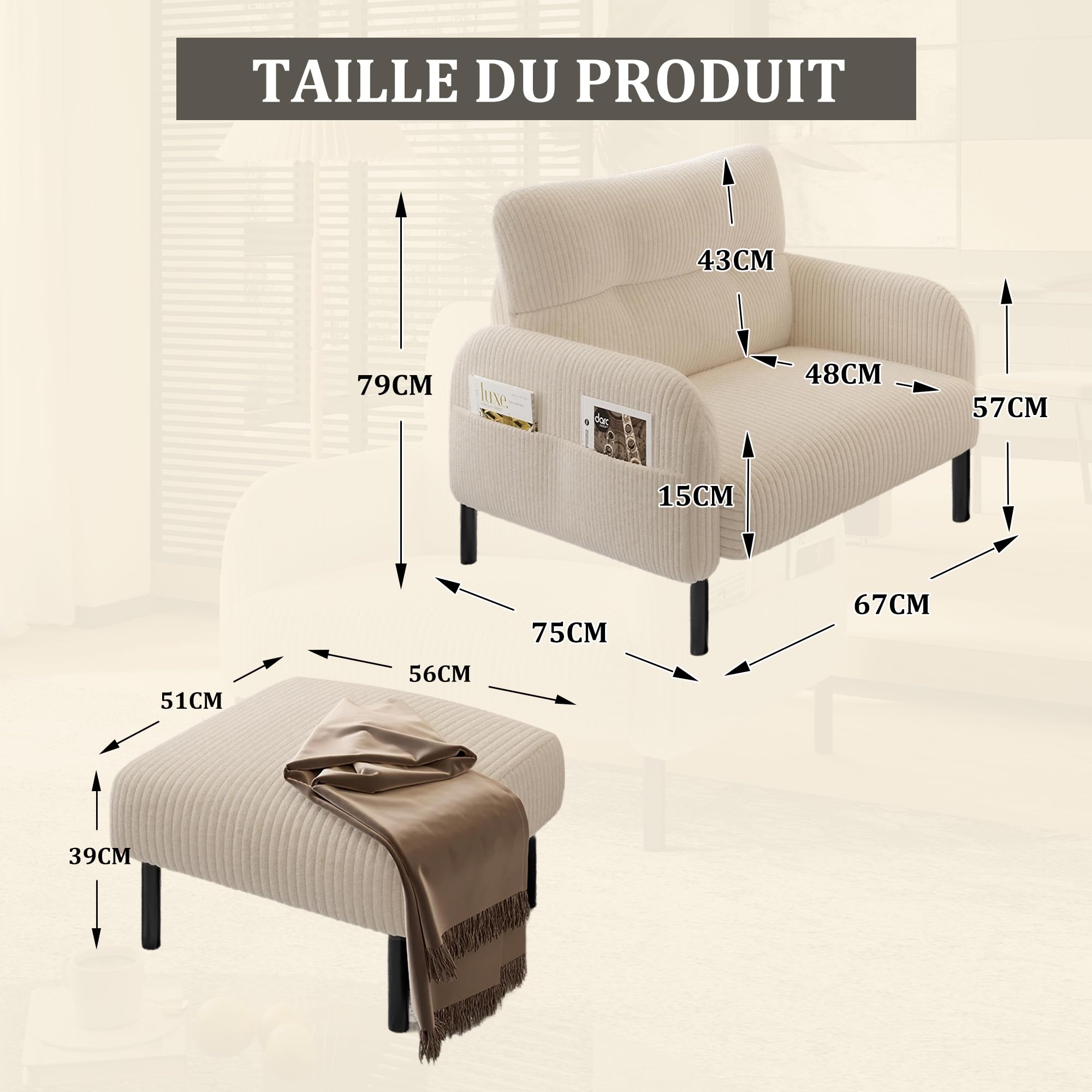 SACOOL Tela de terciopelo, cómoda profundidad del asiento, reposabrazos con bolsillos laterales en ambos lados, estructura sólida, adecuado para diferentes escenas, salón, dormitorio y estudio