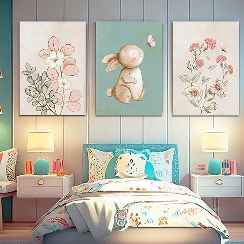 Miniatura 4 de Dytila Juego de 3 cuadros enmarcados para pared de guardería, cuadros botánicos de flores rosas, pinturas de conejitos verdes, impresiones en lienzo