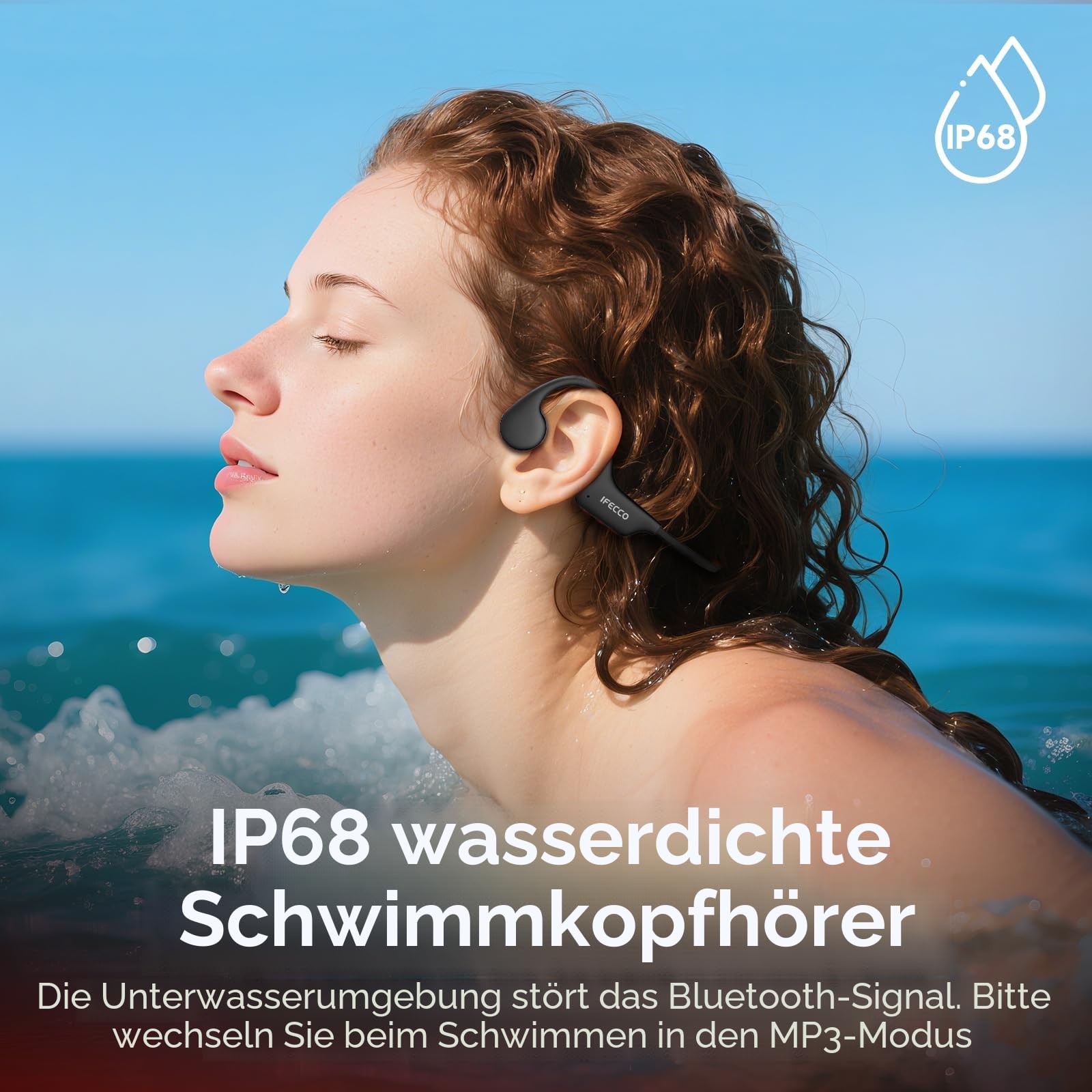 IFECCO Knochenschall Kopfhörer Schwimmen Bluetooth 6.0 - IP68 wasserdichte Open Ear KopfhöRer mit MP3-Player 8GB Speicher,Unterwasser Sport Kopfhörer für Schwimmen Laufen Fahrrad Surfen
