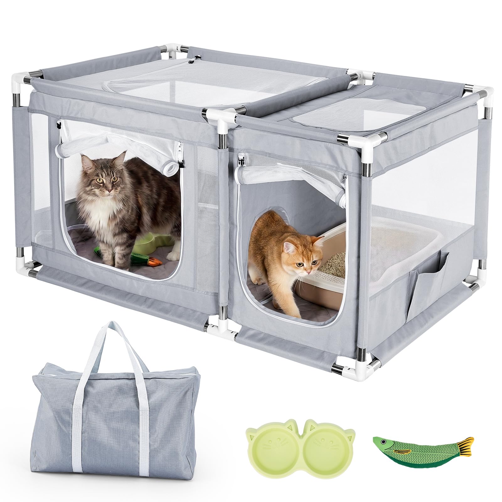 Photo 1 of 2-in-1 Cat Playpen with Litter Box Area, Keaber Indoor Pet Tent for Kittens Puppies with Waterproof Mat, Dog Enclosure for Adaptation, Training, Recovery & Travel (Light Grey, with Carrying Case)