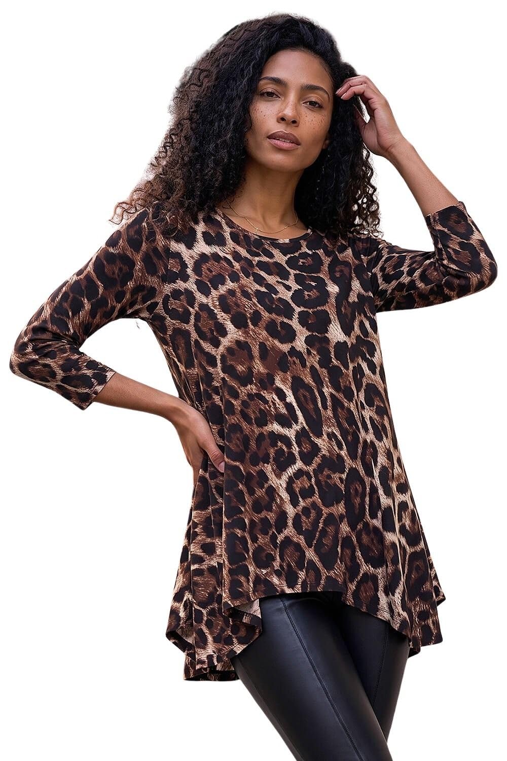 Roman Originals Women's Natural Noir Hanky Hem Tunic Top For Uk - Longline Blouse Asymmetric Hemline Casual Slouch Loose 3/4 Sleeves Round Neck Relaxed Comfortable Holiday - Size 20