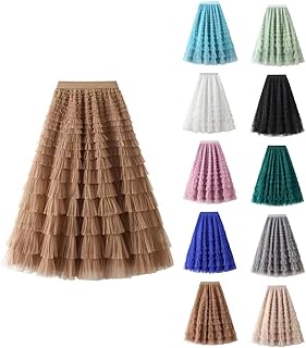 Saia feminina de tule evasê de tule de malha, cintura elástica, tule em camadas, saia em camadas com babados