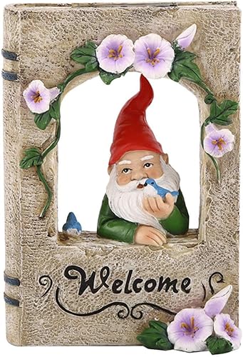 Miniatura 10 de Estatua de gnomo de jardín para exteriores, energía solar, libro solar, estatua de casa, columpio de gnomo en árboles, bienvenido a mi jardín