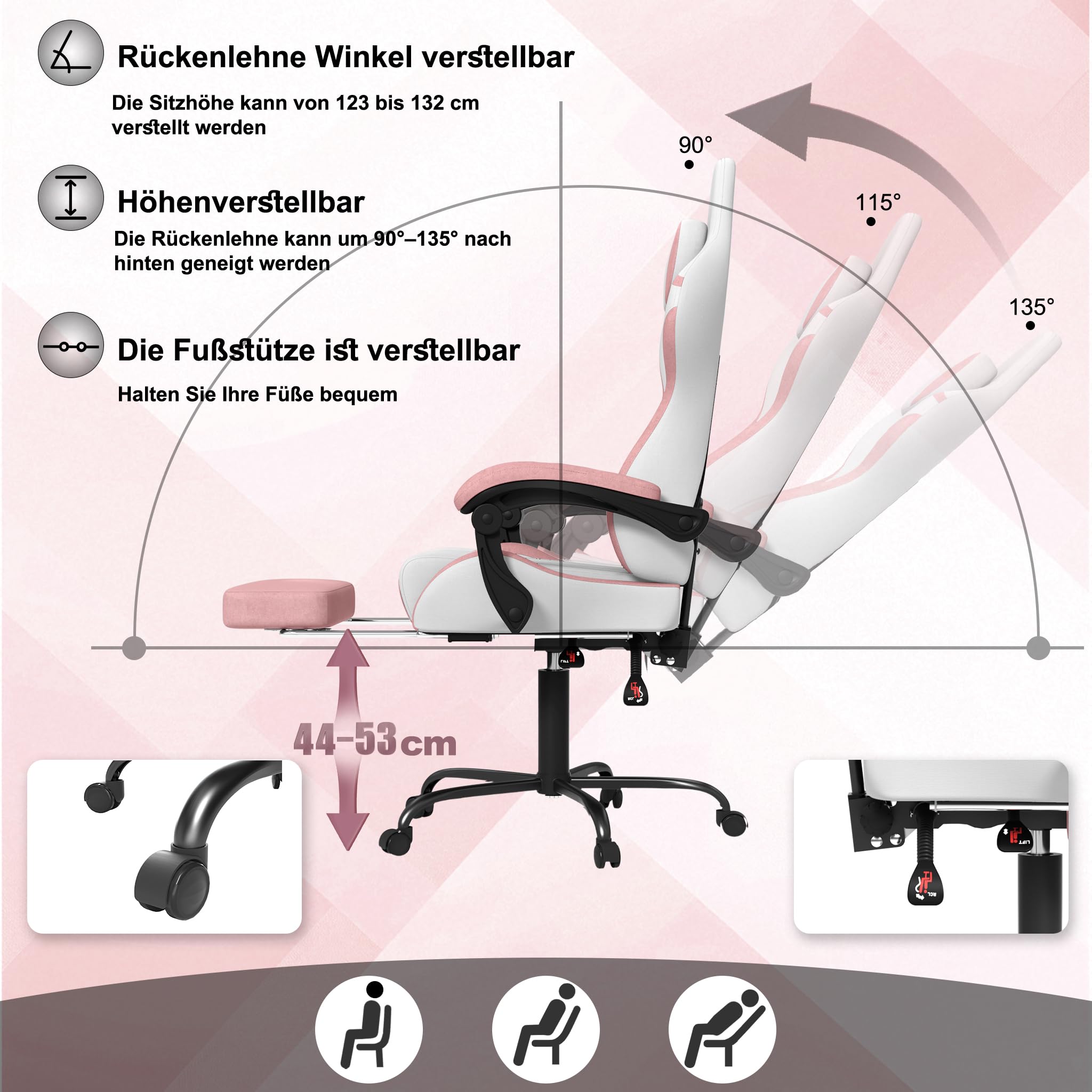 Chaise de jeu, avec massage vibrant et repose-pieds, fauteuil ergonomique pour esports, avec oreiller, accoudoirs, chaise de bureau, hauteur réglable jusqu'à 135 kg, rose