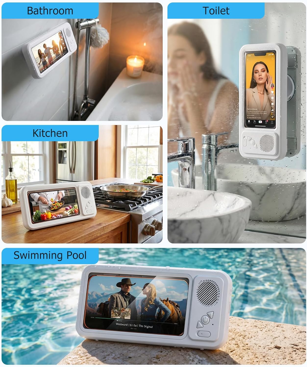 Shower Phone Holder with Bluetooth Speaker,IPX5 Waterproof,Touch-Friendly Screen Access，No-Drilling Adhesive Wall Mount,360° Rotation Bathroom Phone Holder for Shower Bathtub Kitchen Pool(White)