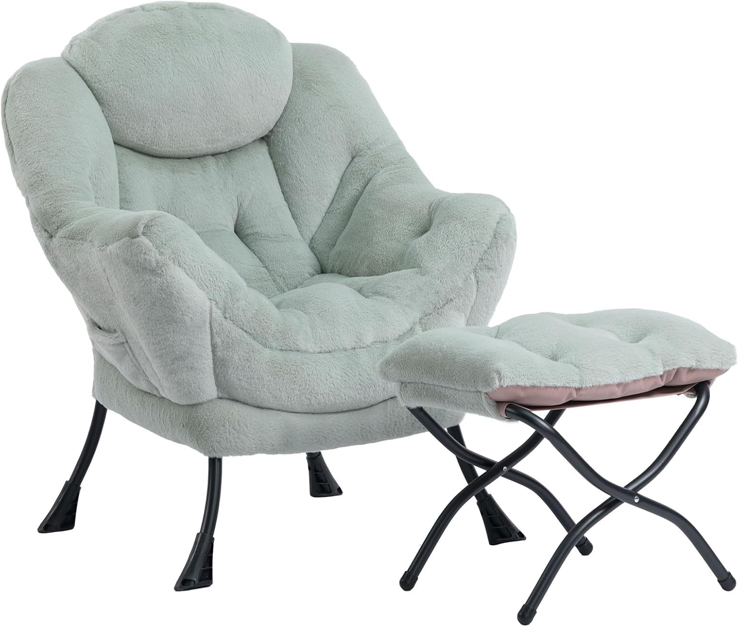 HollyHOME Lazy Chair with Foldable Ottoman, Accent Comfy Lounge Armchair and Folding Footrest Stool, Leisure Sofa Reading Chair and Footstool for Living Room, Bedroom, Dorm,Faux Fur Pea Green Faux Fur Pea Green&stool