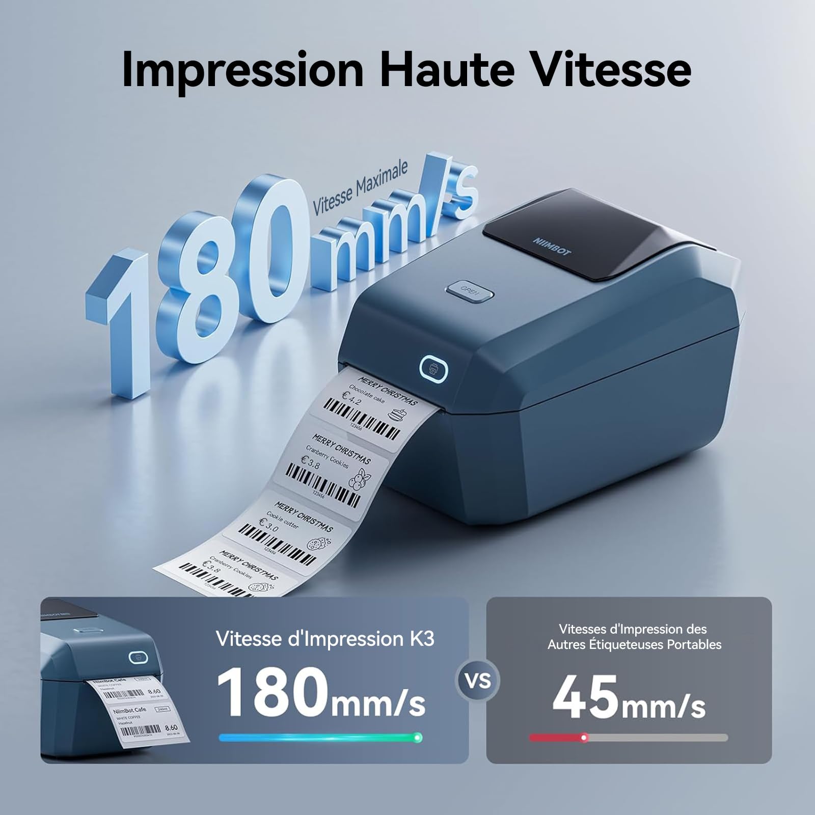 NIIMBOT Imprimante d’Étiquettes K3, Impression Rapide, Bleu | Largeur d’Impression Maximale 82 mm, Compatible PC, 7 Android et 3 IOS, pour Petite Entreprise et Bureau