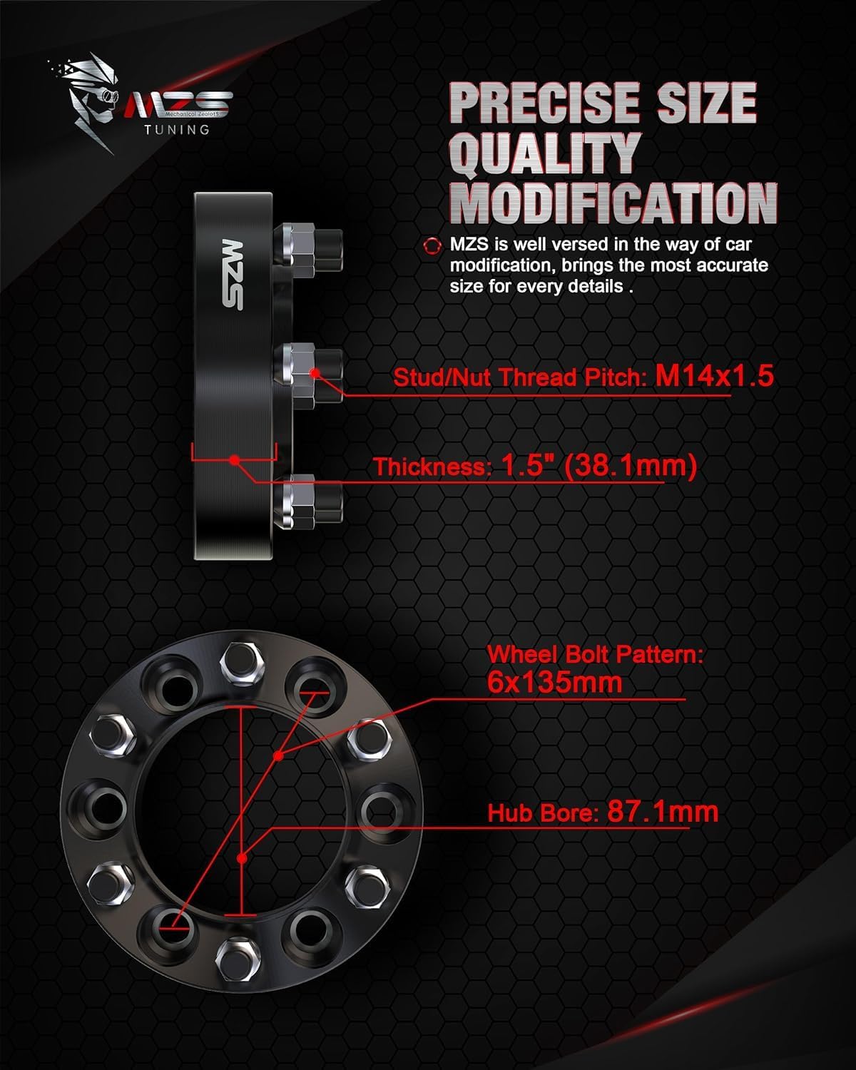 MZS 6X135 Wheel Spacers, 1.5" Thick 87.1mm Hub Bore Hubcentric M14x1.5 Studs Compatible with 2015-2026 F150 / 15-26 Expedition / 15-26 Navigator Fit 6 Lug Wheels - Pack of 4 Black