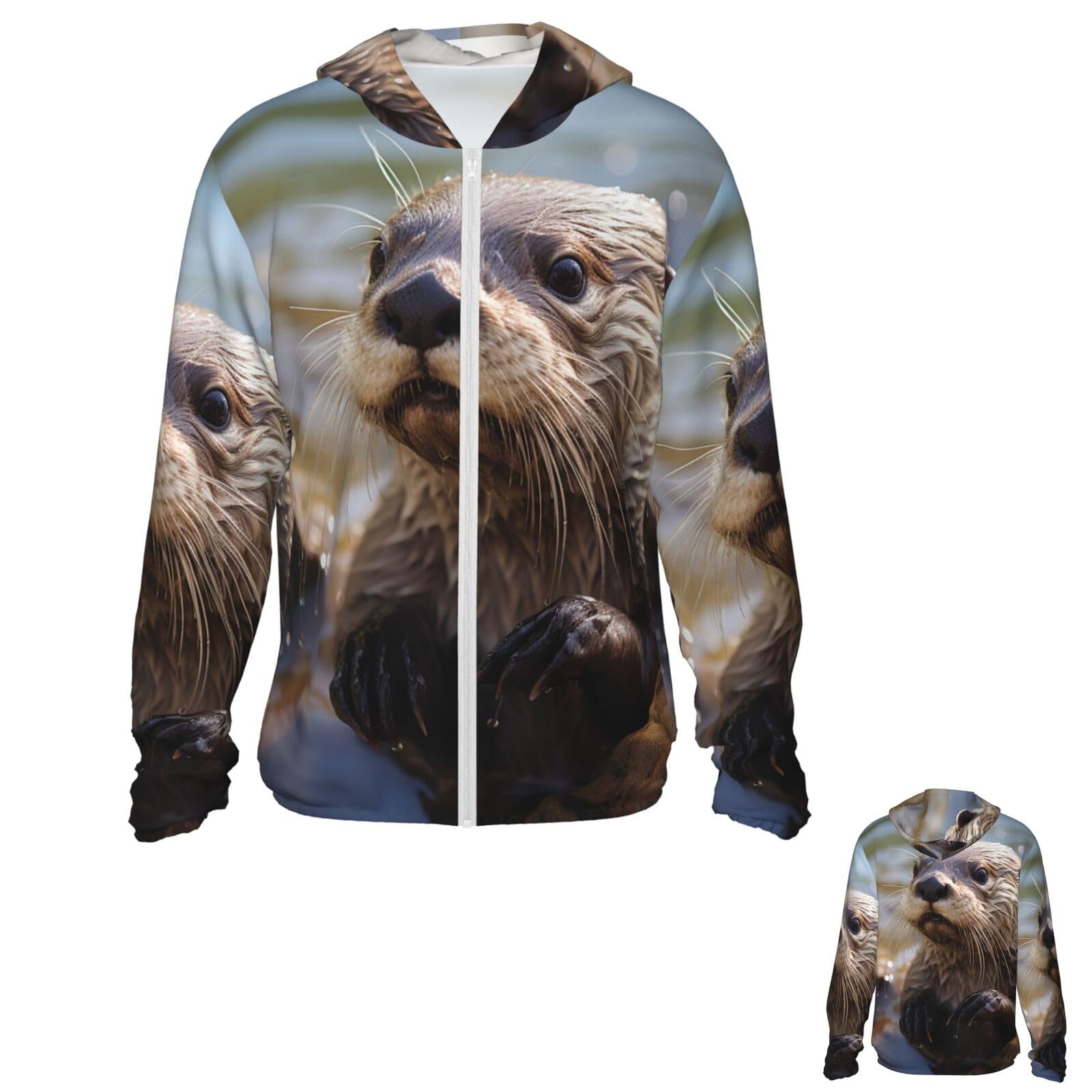 NONHAI Men's Sun Protection Jacket UPF 50+ Full Zipper Long Sleeve UV Hoodie Shirt Otter Playing in Women's Outdoor Jacket