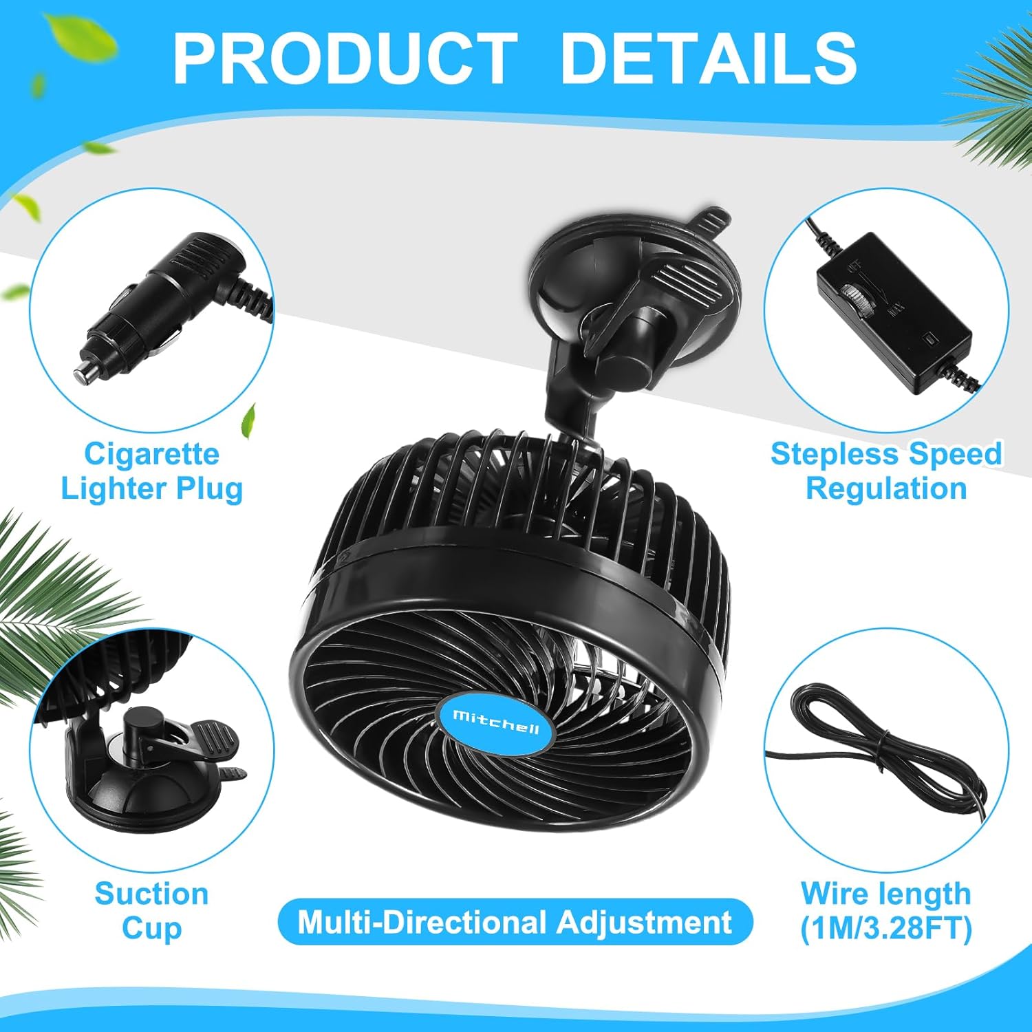 2 Pcs 360 Degree Car Fan 6'' 12v Fan Car Window Portable Seat Cooling with Stepless Speed Regulation and Cigarette Lighter Plug for Suv,Vehicles, Buses (Suction Cup)