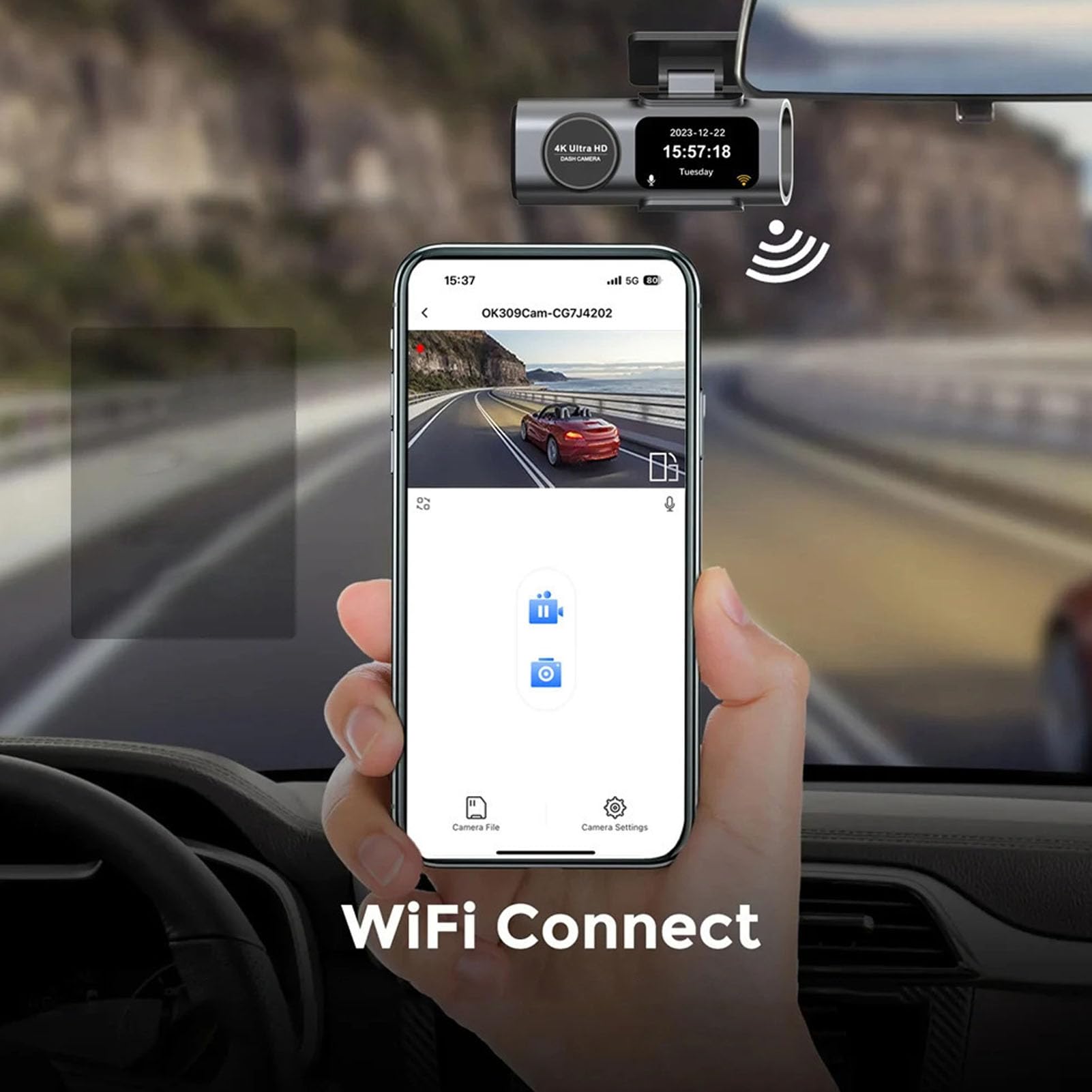 LICAEVEY Przednia Tylna Kamera na Desce Rozdzielczej, Rejestrator Samochodowy HD Wi -Fi, Podwójna Deska Rozdzielcza 4K 1080p z Ekranem 1,47 Cala dla Samochodu, 24 -godzinny Tryb