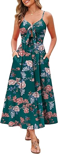 Kranda Women 2026 Summer Sundress High Waist Tie Front Spaghetti Strap Long Beach Floral Tiered Maxi Dress with Pockets