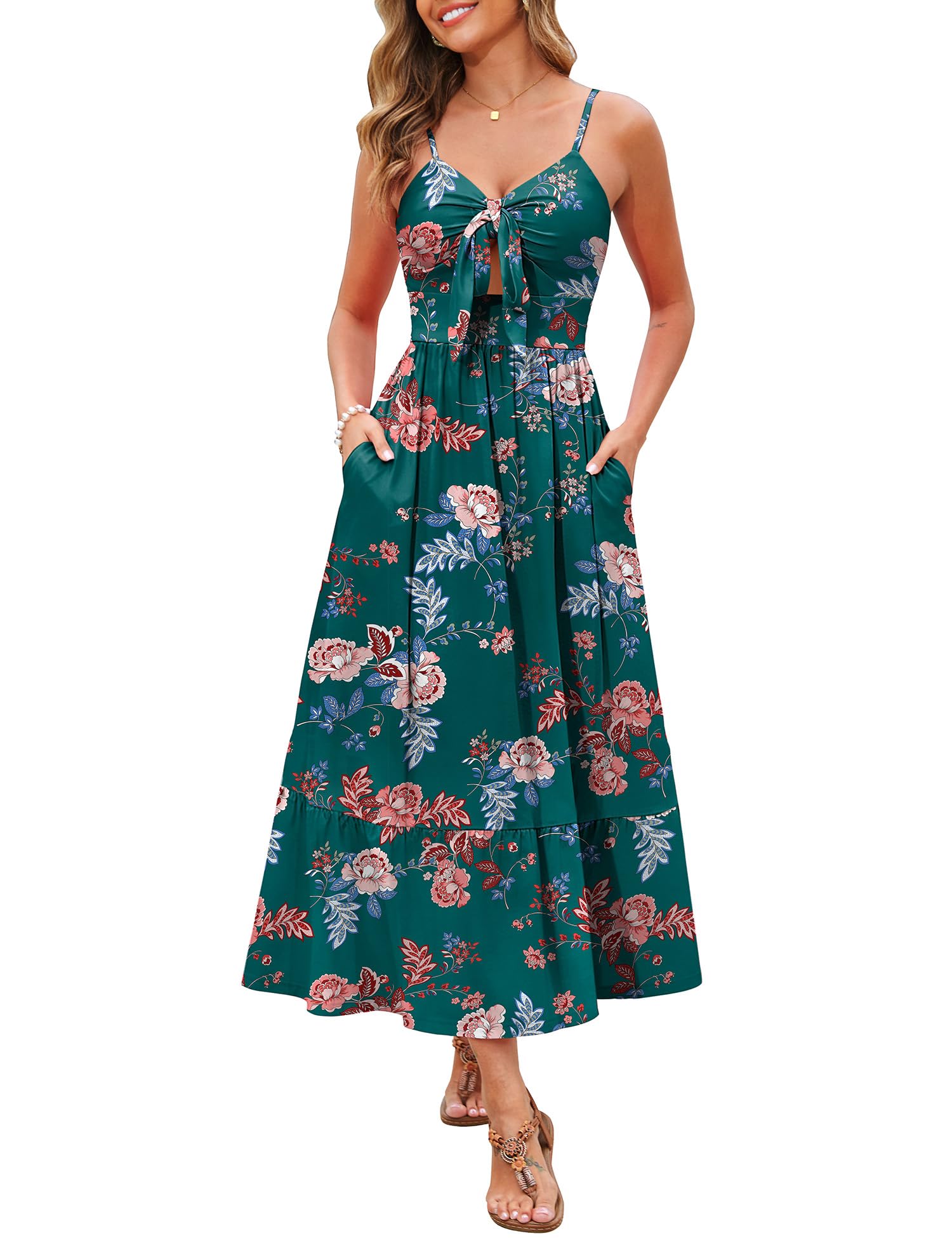 Kranda Women 2026 Summer Sundress High Waist Tie Front Spaghetti Strap Long Beach Floral Tiered Maxi Dress with Pockets