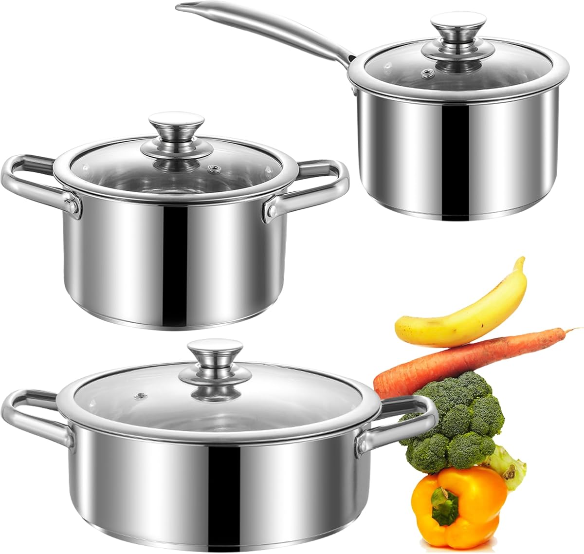 Juego de ollas y sartenes de acero inoxidable, juego de utensilios de cocina de inducción antiadherentes de 6 piezas, funciona con estufas de inducción/eléctricas y de gas, antiadherente, apto para horno, utensilios de cocina para acampar