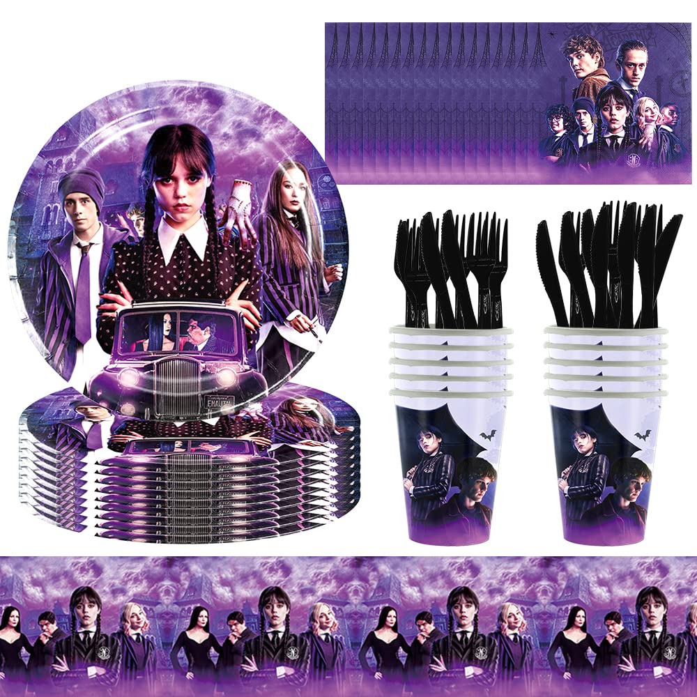 Wed Addams Party Tableware, 61 Pcs Wed Addams Party Decorations, Reusable Addams Theme Birthday Party Supplies, Include Plates Cups Napkins Tablecloth (10 Guests)