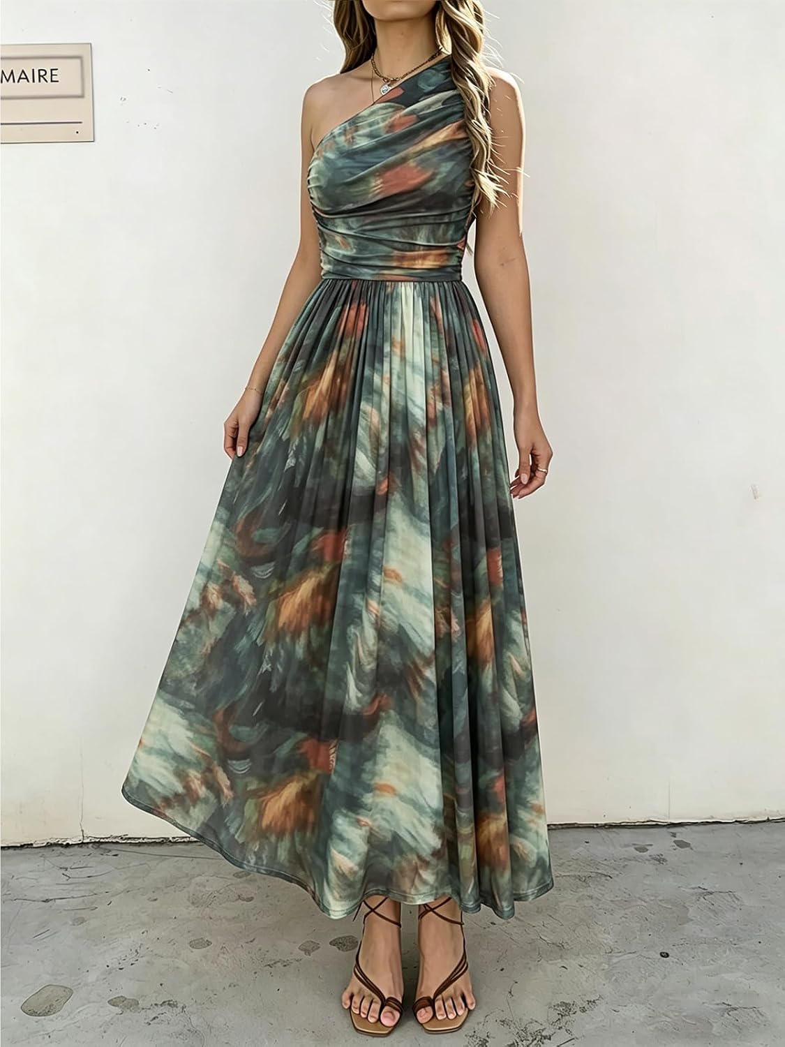Women Summer One Shoulder Maxi Dress Sleeveless Ruched Mesh Long Beach Vacation Floral Sundresses Wedding Guest Dress