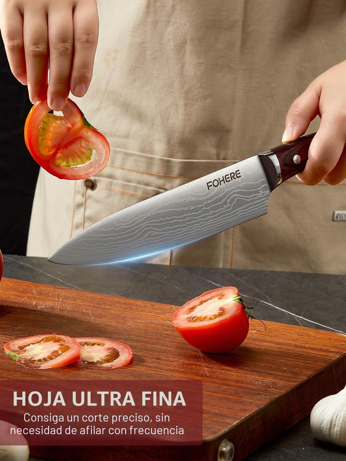 FOHERE Juego de Cuchillos de Cocina Profesional 5 Piezas, Cuchillos Cocina de Acero Inoxidable y Mangos de Madera Natural, Juego de Cuchillos de Chef, Cuchillo Japones Santoku