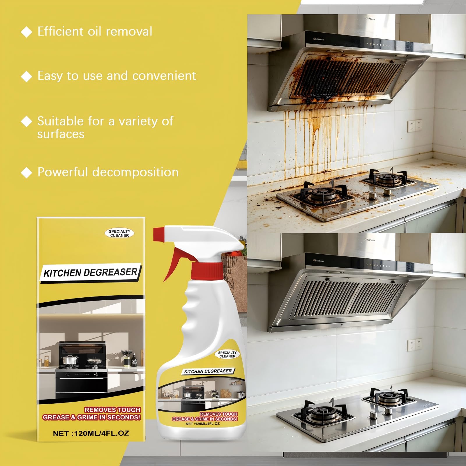 Spray smacchiatore per macchie gialle ad azione rapida, sgrassatore liquido forte da cucina, portatile da campeggio, barbecue, residui appiccicosi, schiuma detergente a rapida risoluzione (5 pezzi)
