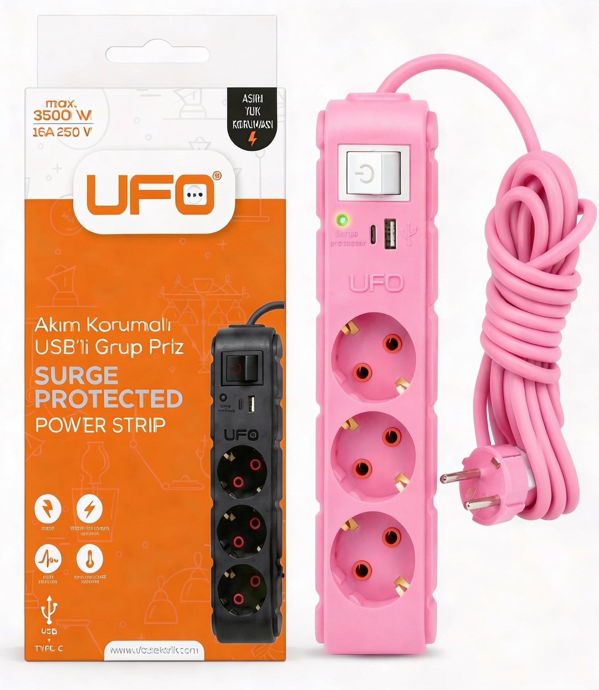 UFO Yeni 3lü Akım Korumalı Grup Priz 5 Metre Bakır Kablolu, 5V 2,4A USB ve Type-C ile Şarj, Anahtarlı Topraklı Priz, Sürekli Koruma, 16A 250V, Max 3500W Aşırı Yük Koruması, 5m. Pembe renk