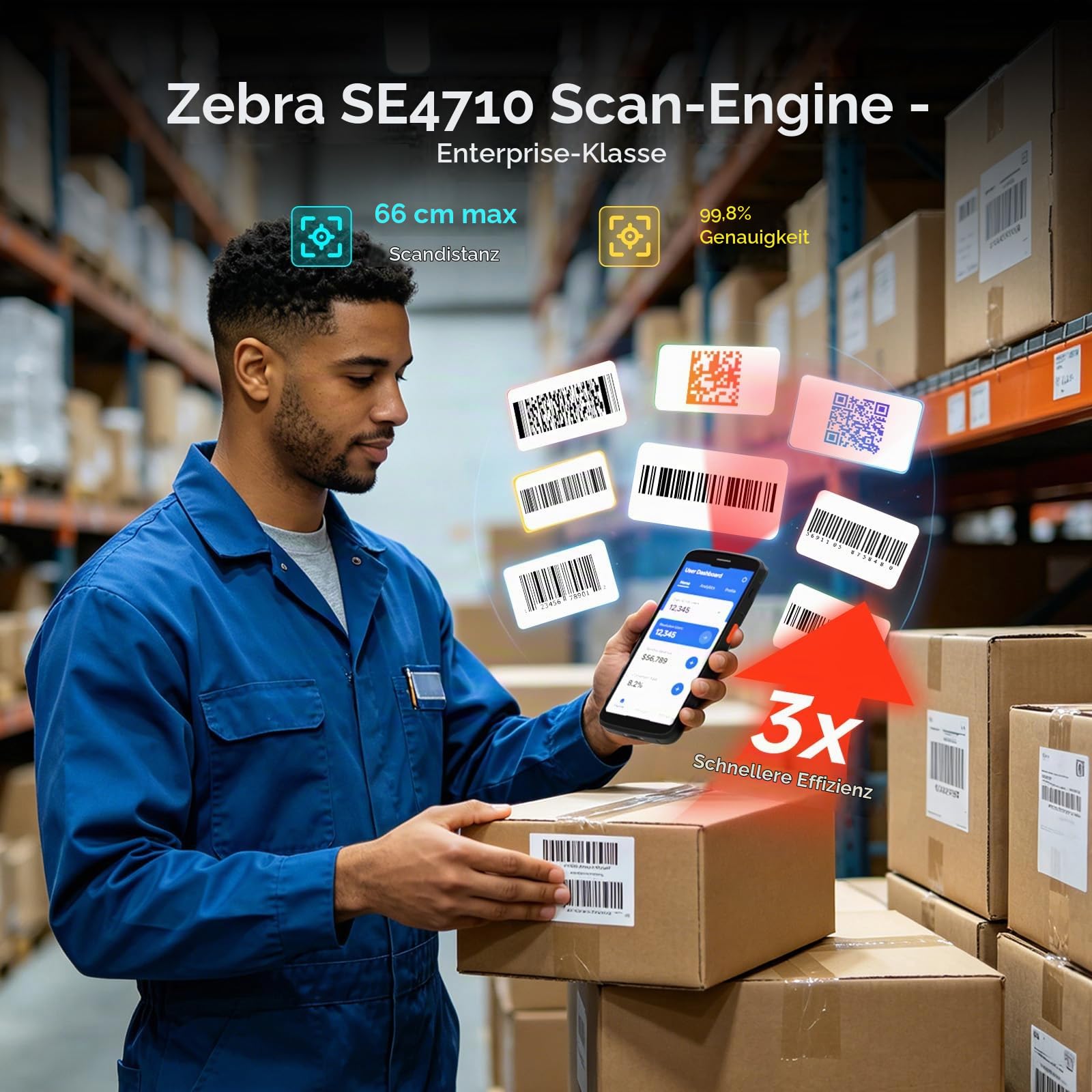 F2 Android 15 Barcode Scanner, 6 Zoll Handheld PDA MDE-Gerät mit Zebra SE4710 Scanmodul, 4GB+64GB, IP67, 4G LTE, WLAN, NFC, 5050mAh Akku, 1D/2D QR Handscanner für Lager, Inventur und Logistik